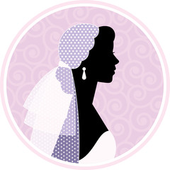 Silhouetted portrait of a woman in profile in wedding dress and veil