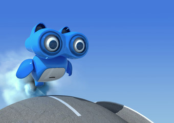 3d illustration. The flying future blue owl robot on the sky