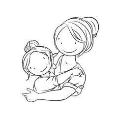 Mother Embracing her Child, Coloring Page, Vector Illustration