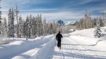 Cross Country skier moves toward the mountains in winter