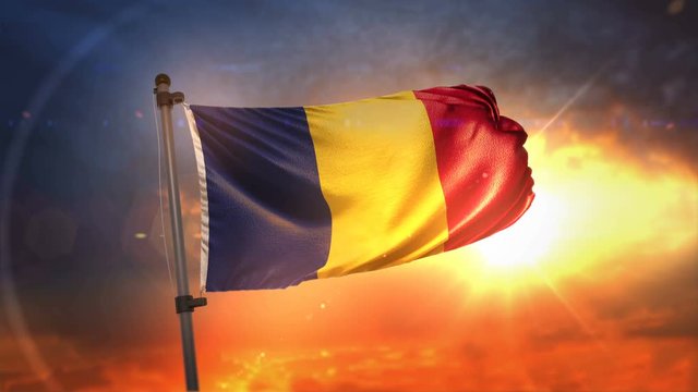 Romania Flag Backlit At Beautiful Sunrise Loop Slow Motion 4K