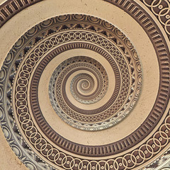 Bronze copper geometrical abstract ornament spiral fractal pattern background. Metal spiral pattern effect background. Concept abstract spiral symmetrical pattern. Abstract spinning effect background