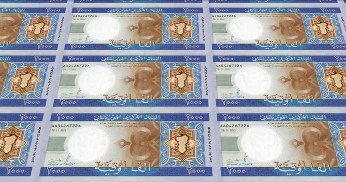 Series of banknotes of two thousand mauritanian ouguiya of the Central Bank of Mauritania rolling on screen, coins of the world, cash money, loop