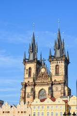 Fototapeta na wymiar Gothic Tyn Cathedral Towers in the Old Town Square of Prague