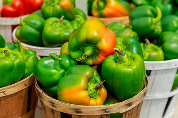 Fresh yellow, orange, green and red organic bell peppers capsicum on display for sale at local farmer's market
