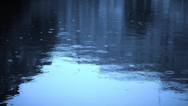 Rain drops and reflecting shadows on lake in super slow motion

