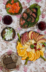 Beautifully luxury decorated catering banquet table with different food snacks