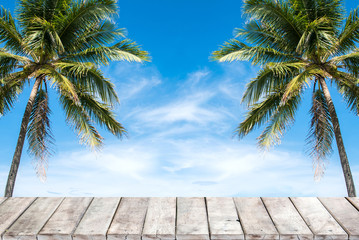 Fototapeta na wymiar Old wood table top with coconut trees and blue sky background.
