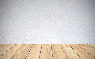 Wooden floor on white cement background.