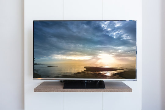 TV television, Sea scape on screen white wall background. with clipping path