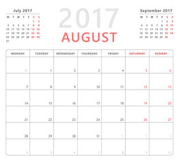 calendar planner for august 2017 starts monday, vector calendar design 2017 year
