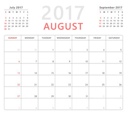 calendar planner for august 2017 starts sunday, vector calendar design 2017 year