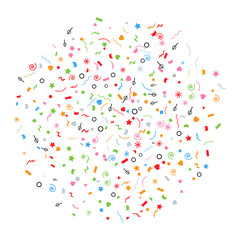 Abstract multicolored explosion of confetti with many falling tiny pieces, isolated on white background. Holiday or party background. Vector