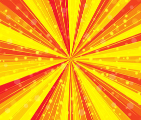Radial speed lines with focus in the center. Abstract background with bright red yellow colors rays, stripes. Zoom effect. Background with many falling tiny confetti pieces, bokeh. Vector
