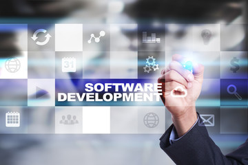Software development on virtual screen. Applications for business. Programming.