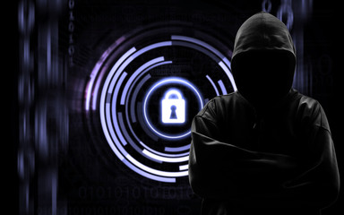 Silhouette of a hacker isloated on black with binary codes on background
