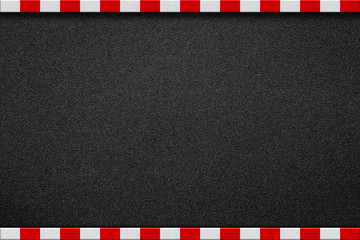 Fototapeta premium Asphalt road with red and white sign on sidewalk curb top view