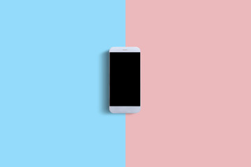 Tablet or mobile phone with black screen on pink and blue background