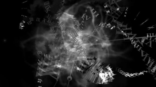 4k Spiral roman numerals characters letters array flying stars stage fireworks smoke,magnetic ribbons space,energy art fog particle background.