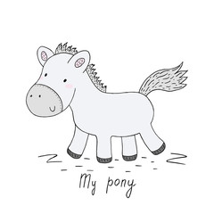 Cute hand drawn funny pony. vector print