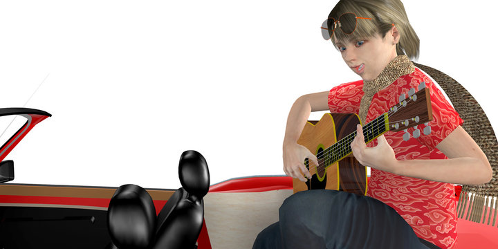 Girl Playing Guitar And Singing In The Backseat Of The Red Car - 3d Rendering