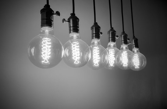 Group of Incandescent bulbs for home furnishings or restaurants style vintage, black and white tone.