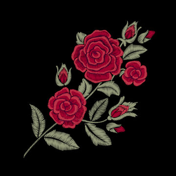 Red roses. Embroidered flowers and leaves.