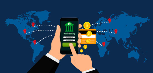 Mobile banking around world, mobile payments and money transaction. Vector illustration. Flat design.