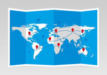 Folded world map with airplanes and markers. Travel and tourism. Vector illustration.