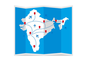India travel map with airplanes and markers. Vector illustration.