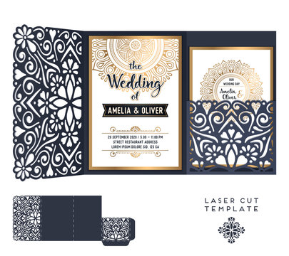 Vector wedding card laser cut template. Vintage decorative elements