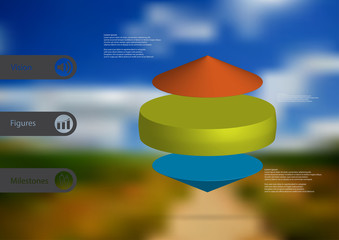 3D illustration infographic template with cylinder between two cones horizontally arranged