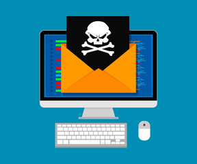 Vector illustration concept of virus and hacking. Envelope with skull on screen computer. Flat design.