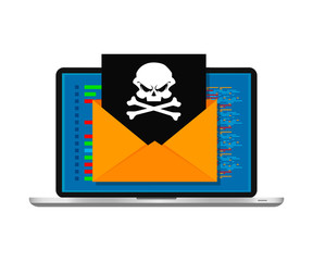 Vector illustration concept of virus and hacking. Envelope with skull on screen laptop isolated on white background. Flat design.