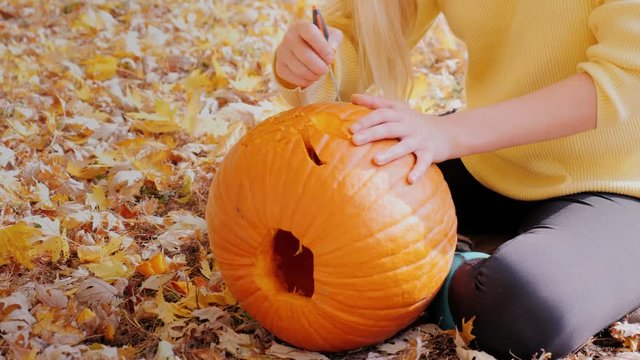 Woman cuts a pumpkin in his yard. Pumpkin lying on yellow autumn leaves