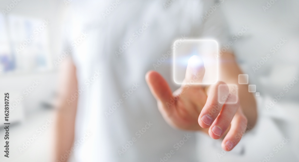 Sticker businessman surfing on internet with digital tactile interface 3d rendering