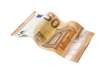 New 50 Euros bill in wave shape isolated with clipping path on white background