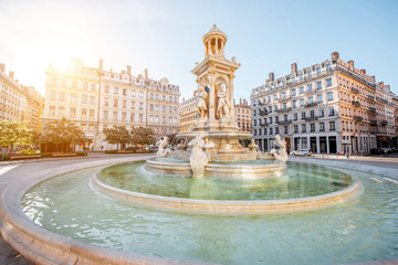 Morning view on Jacobins square and beautiful fountain in Lyon city, France - obrazy, fototapety, plakaty