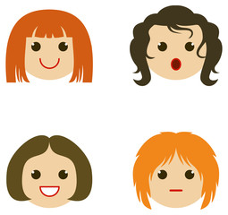 Set of girl faces with different haircuts. Vector clip art.