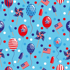 vector 4th of July seamless pattern with balloons, flags and ice-cream