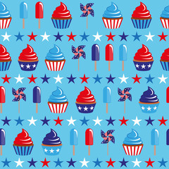 vector 4th of July seamless pattern with cupcakes and ice-cream
