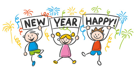 Strichfiguren Kinder bunt / Happy New Year