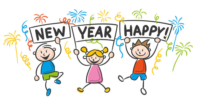 Strichfiguren Kinder bunt / Happy New Year