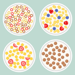 Cereal in various type, chocolate ball, flakes with berries, donut like shape, with bowl of milk, flat design vector