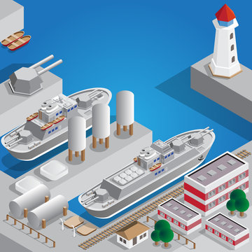 Military seaport. Isometric. Vector illustration.