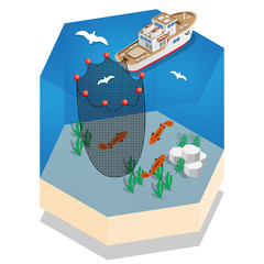 The boat for fishing. Isometric. Vector illustration.