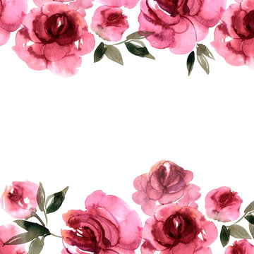 Hand painted watercolor background with pink peonies