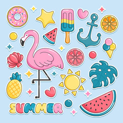 Summer beach elements stickers. Flamingo, ice cream, watermelon, sun, monstera, pineapple. Vector illustration