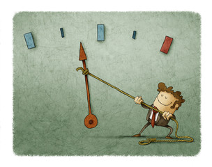 Businessman with a rope tied to the needle of a speed meter from which he is pulling