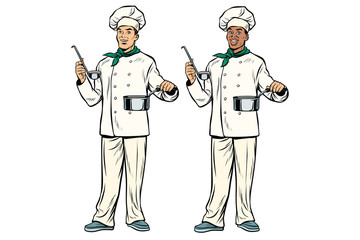 Caucasian and African chef with ladle and cooking pot
